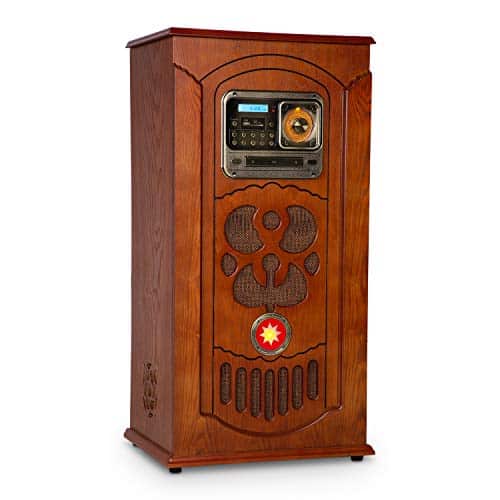 AUNA Musicbox Jukebox - Platine Vinyle, Lecteur CD, Radio FM, Port USB, Lecteur de Cartes SD, Bluetooth, Compatible MP3, Rangement vinyles, Plaquage Bois Brun
